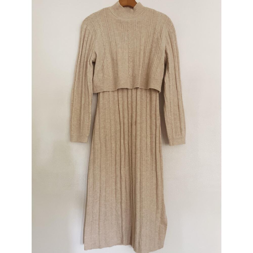 Current Air Dress Women S Beige Cable Knit Sweater Midi Mock Neck Layered